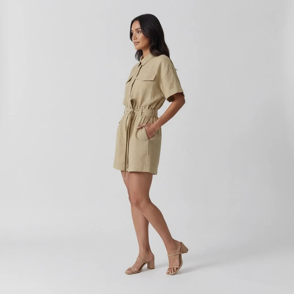 Women's Utility Shirt Playsuit with Tie Waist