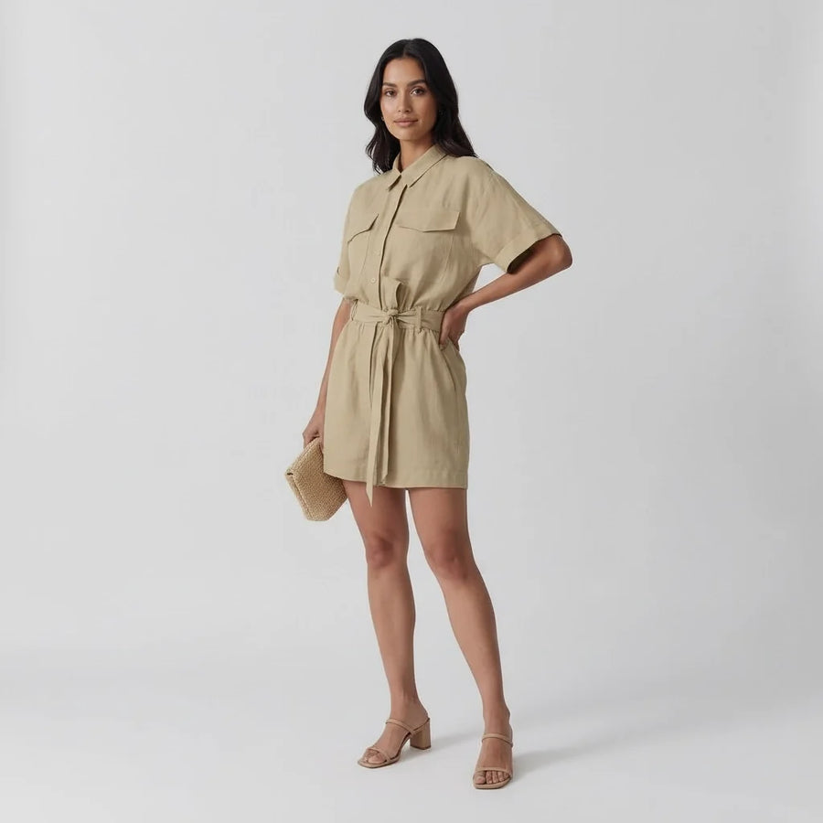 Women's Utility Shirt Playsuit with Tie Waist