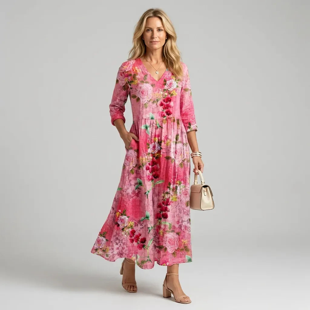 Floral Flowy Midi Dress with Pockets