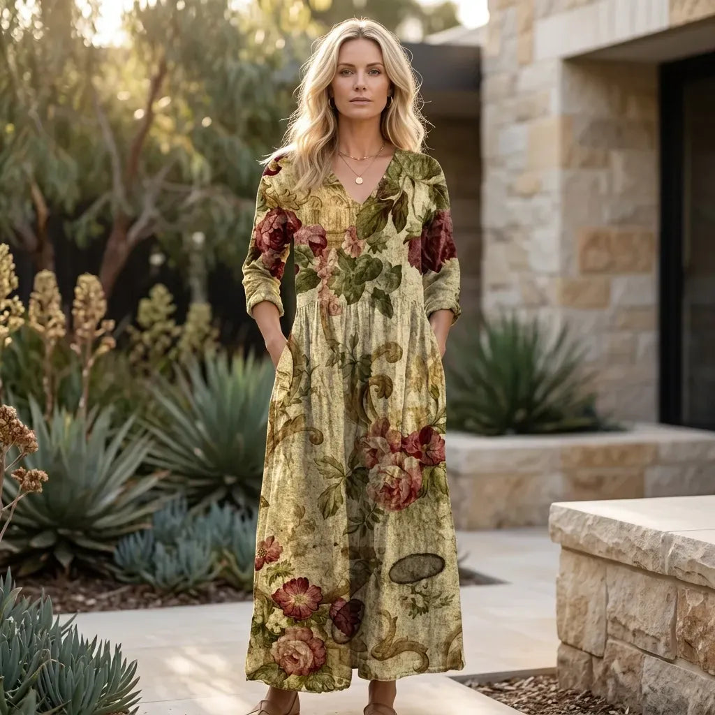 Floral Flowy Midi Dress with Pockets