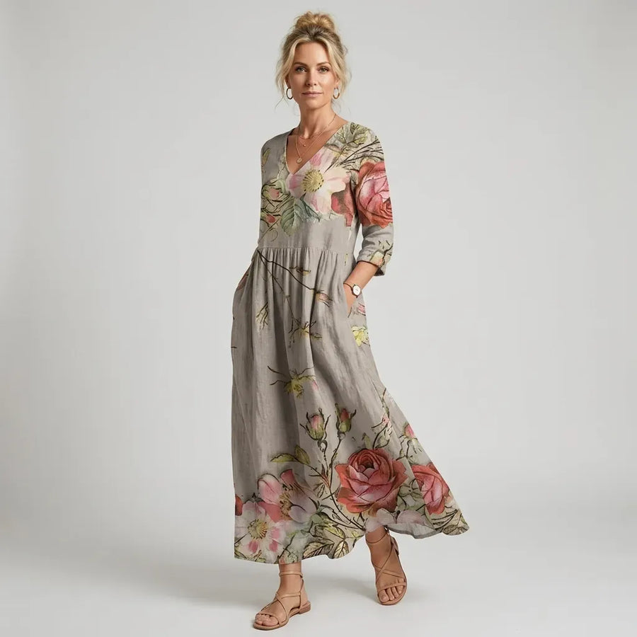 Floral Flowy Midi Dress with Pockets