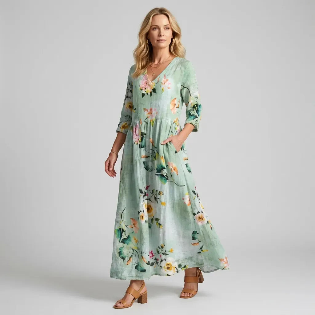 Floral Flowy Midi Dress with Pockets