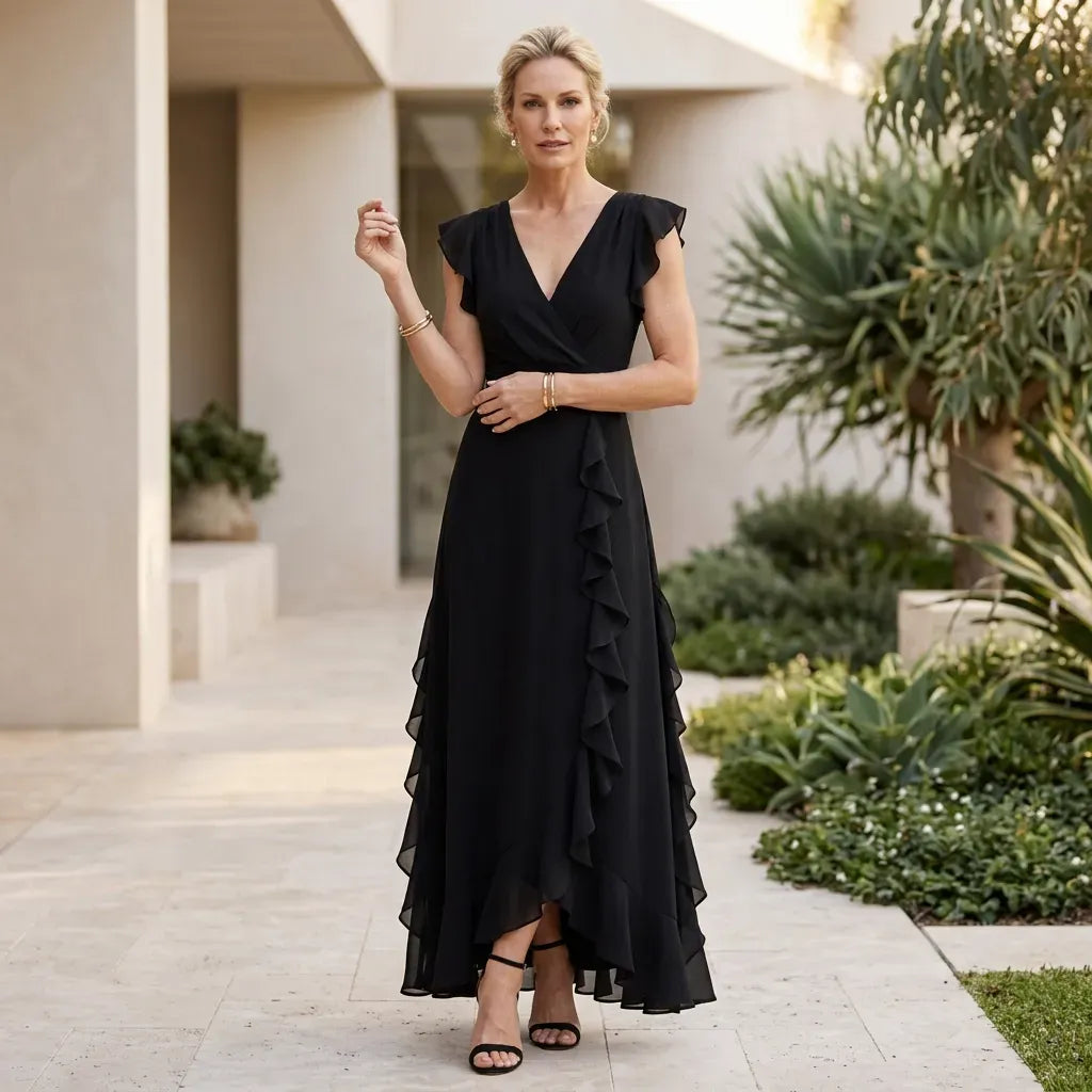 Flutter Sleeve Ruffle Maxi Dress with V-Neck