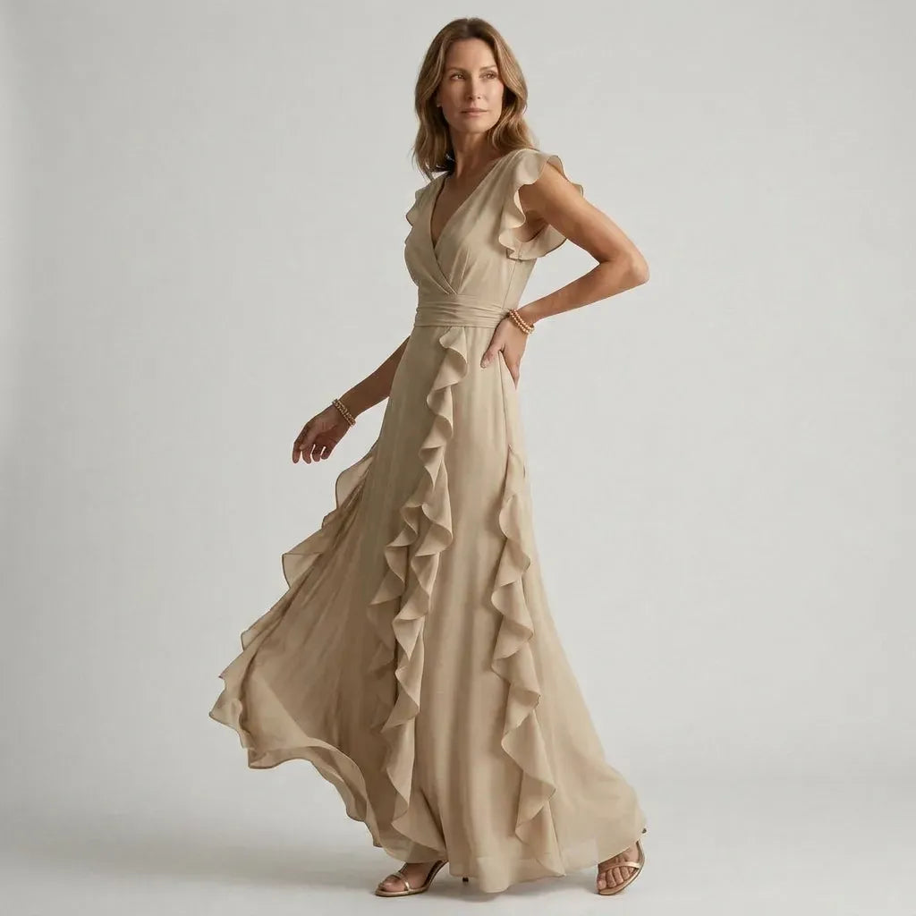 Flutter Sleeve Ruffle Maxi Dress with V-Neck