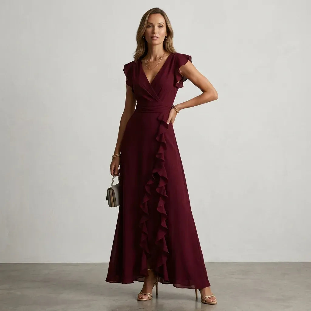 Flutter Sleeve Ruffle Maxi Dress with V-Neck
