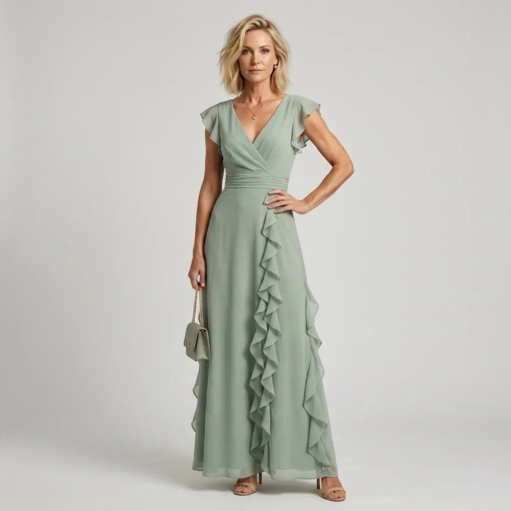 Flutter Sleeve Ruffle Maxi Dress with V-Neck