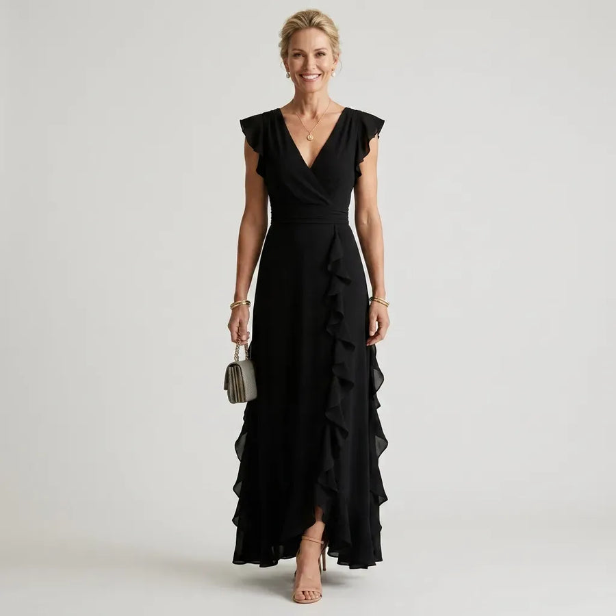 Flutter Sleeve Ruffle Maxi Dress with V-Neck