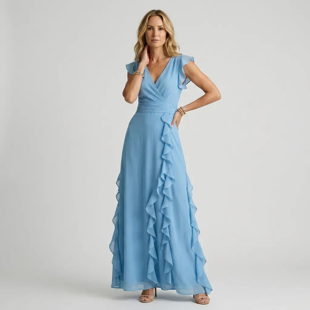 Flutter Sleeve Ruffle Maxi Dress with V-Neck
