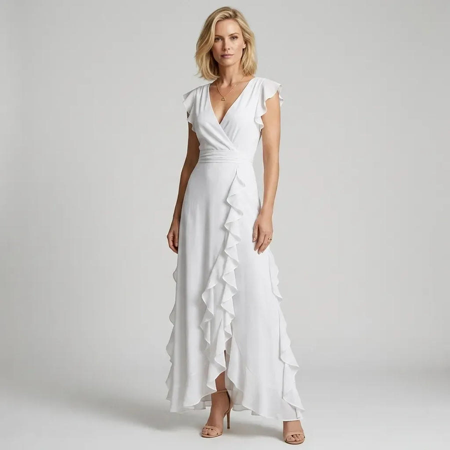 Flutter Sleeve Ruffle Maxi Dress with V-Neck