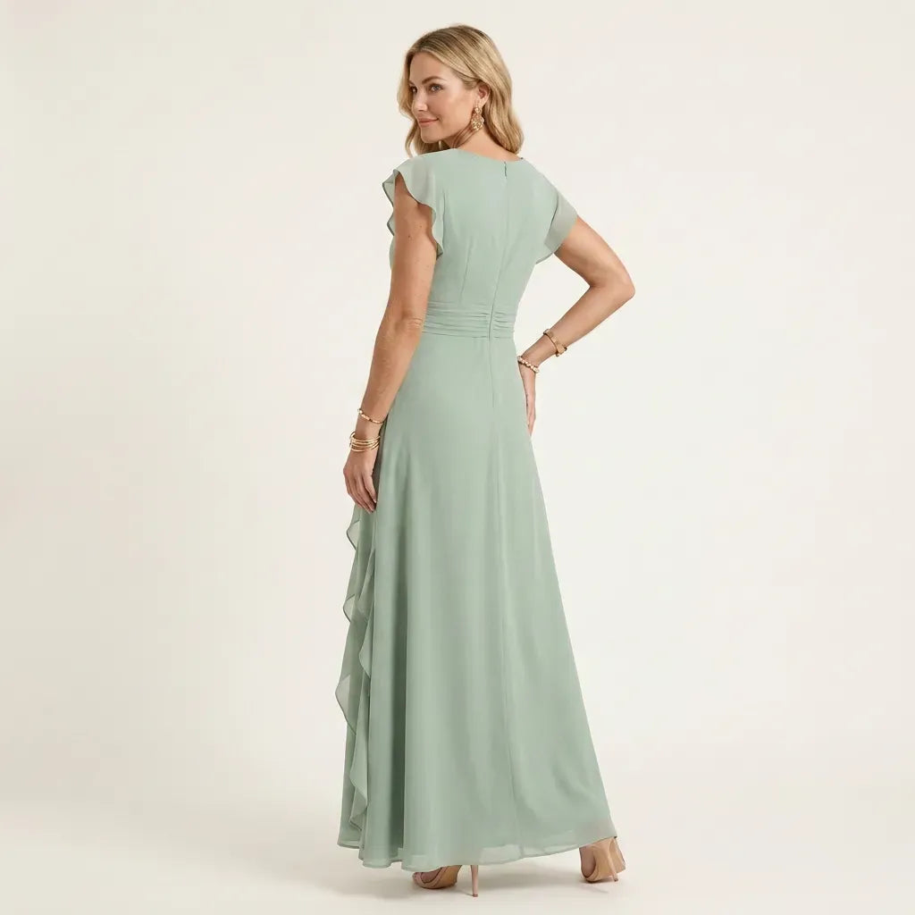 Flutter Sleeve Ruffle Maxi Dress with V-Neck