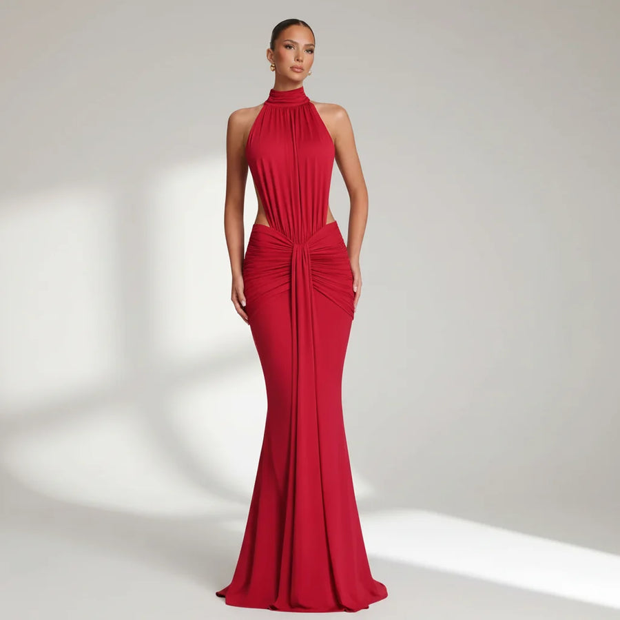 Halter Neck Maxi Dress with Cut-Out and Ruched Detail