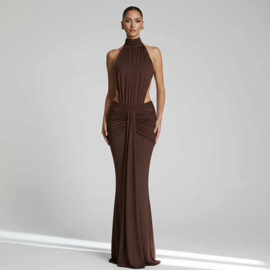Halter Neck Maxi Dress with Cut-Out and Ruched Detail