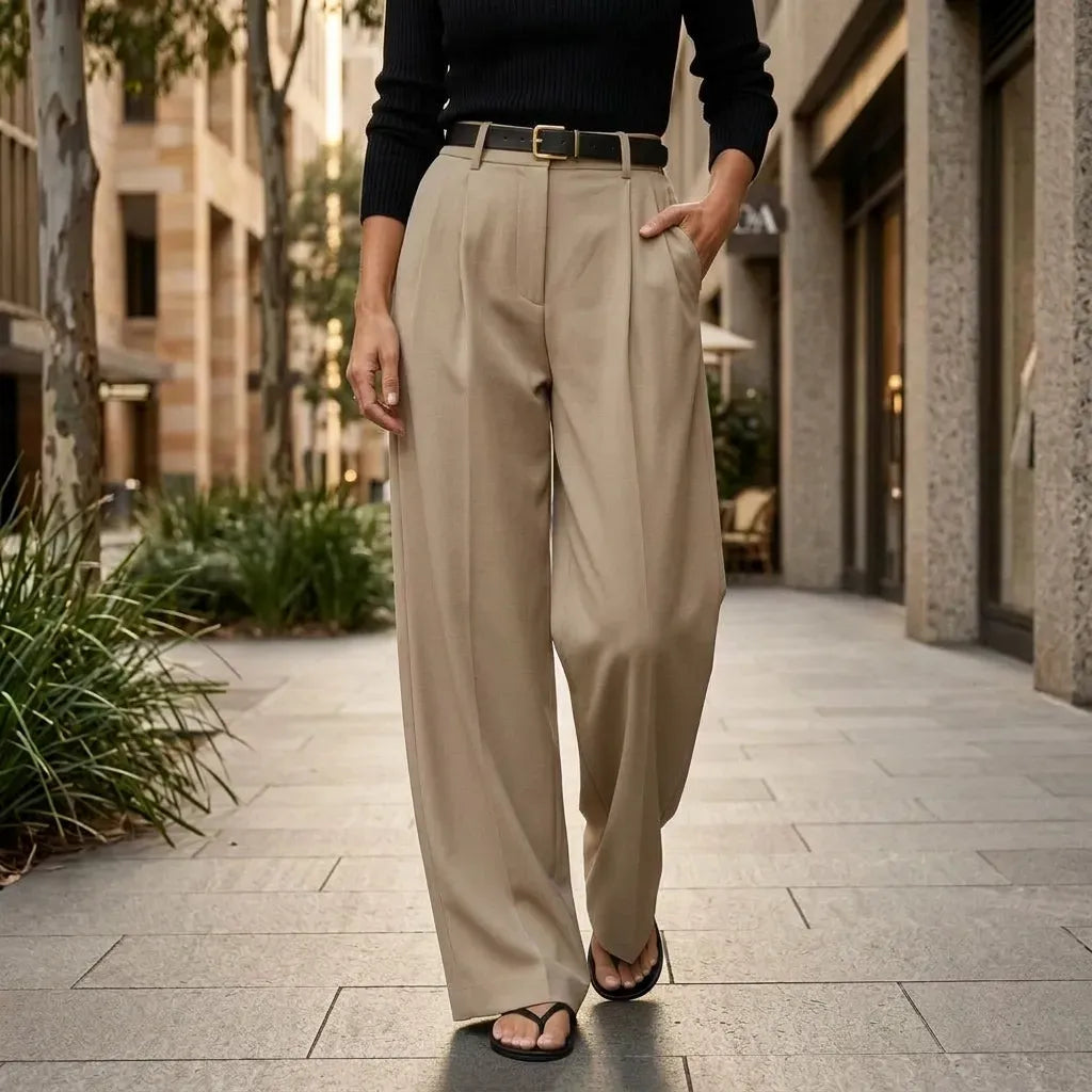 High Waisted Pleated Wide Leg Trousers with Pockets