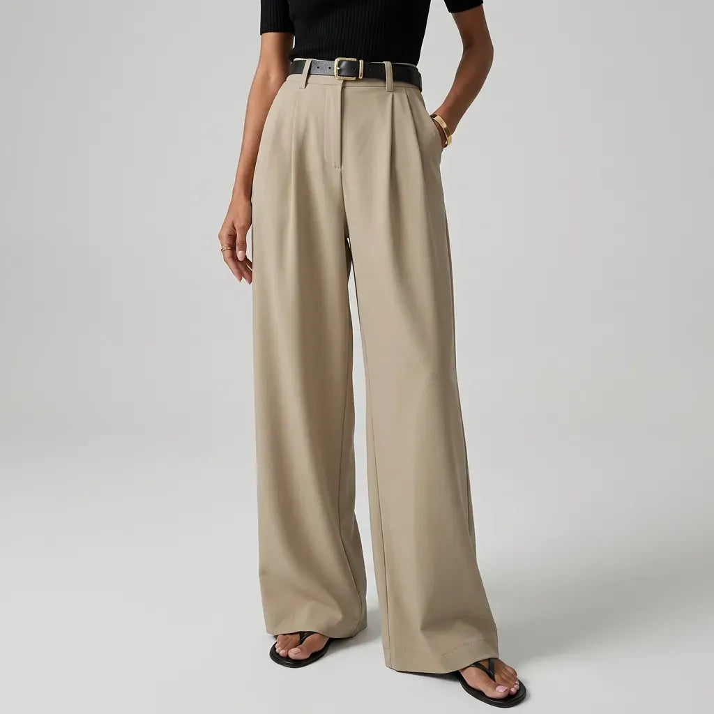 High Waisted Pleated Wide Leg Trousers with Pockets