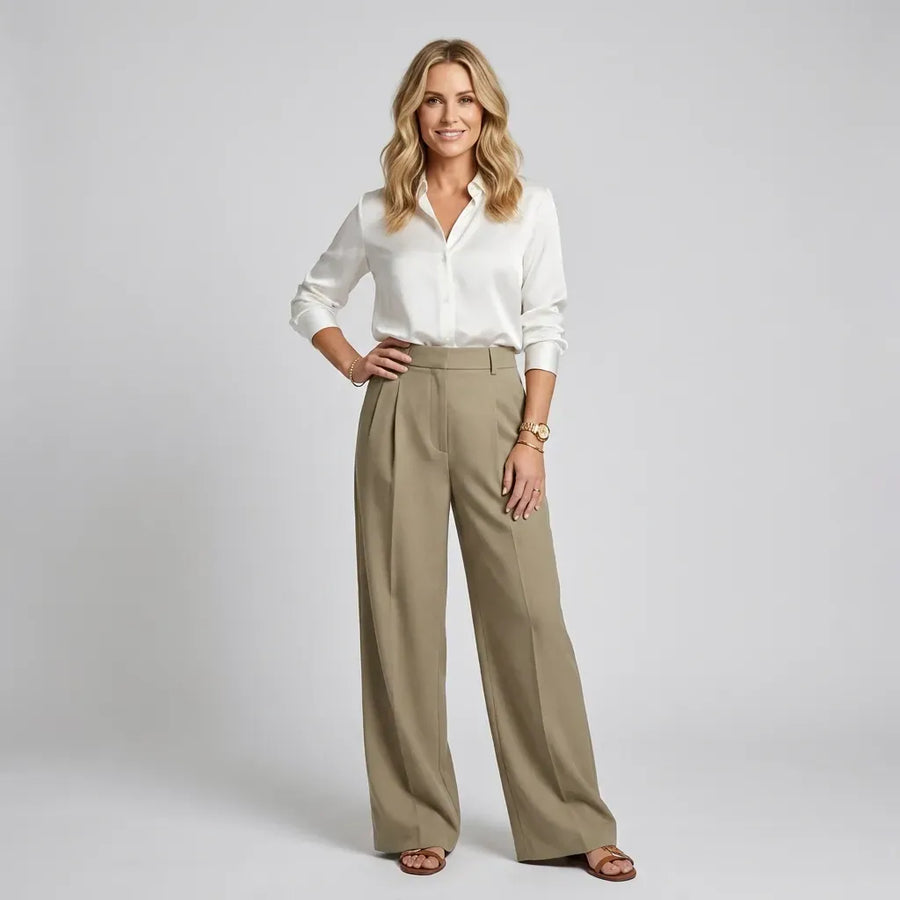 Pleated High-Waisted Wide-Leg Trousers with Pockets