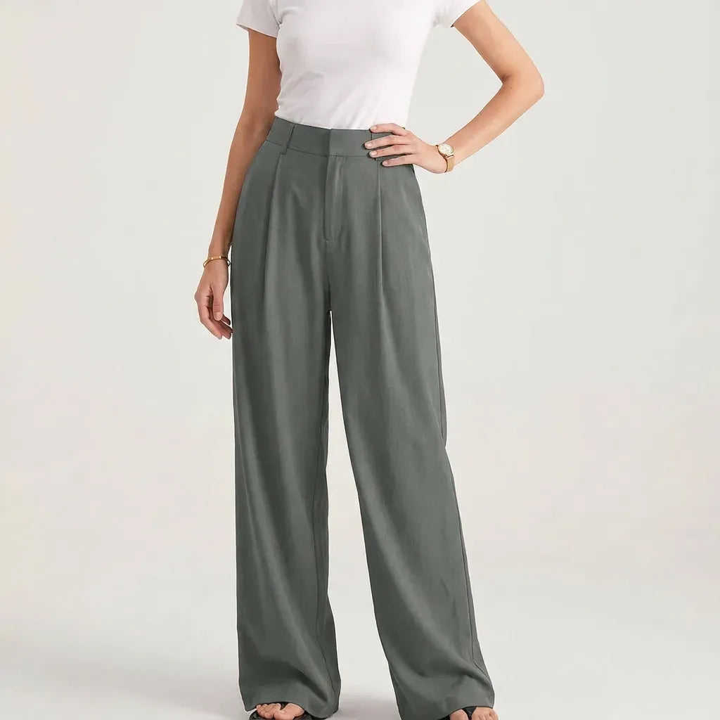 Pleated High-Waisted Wide-Leg Trousers with Pockets