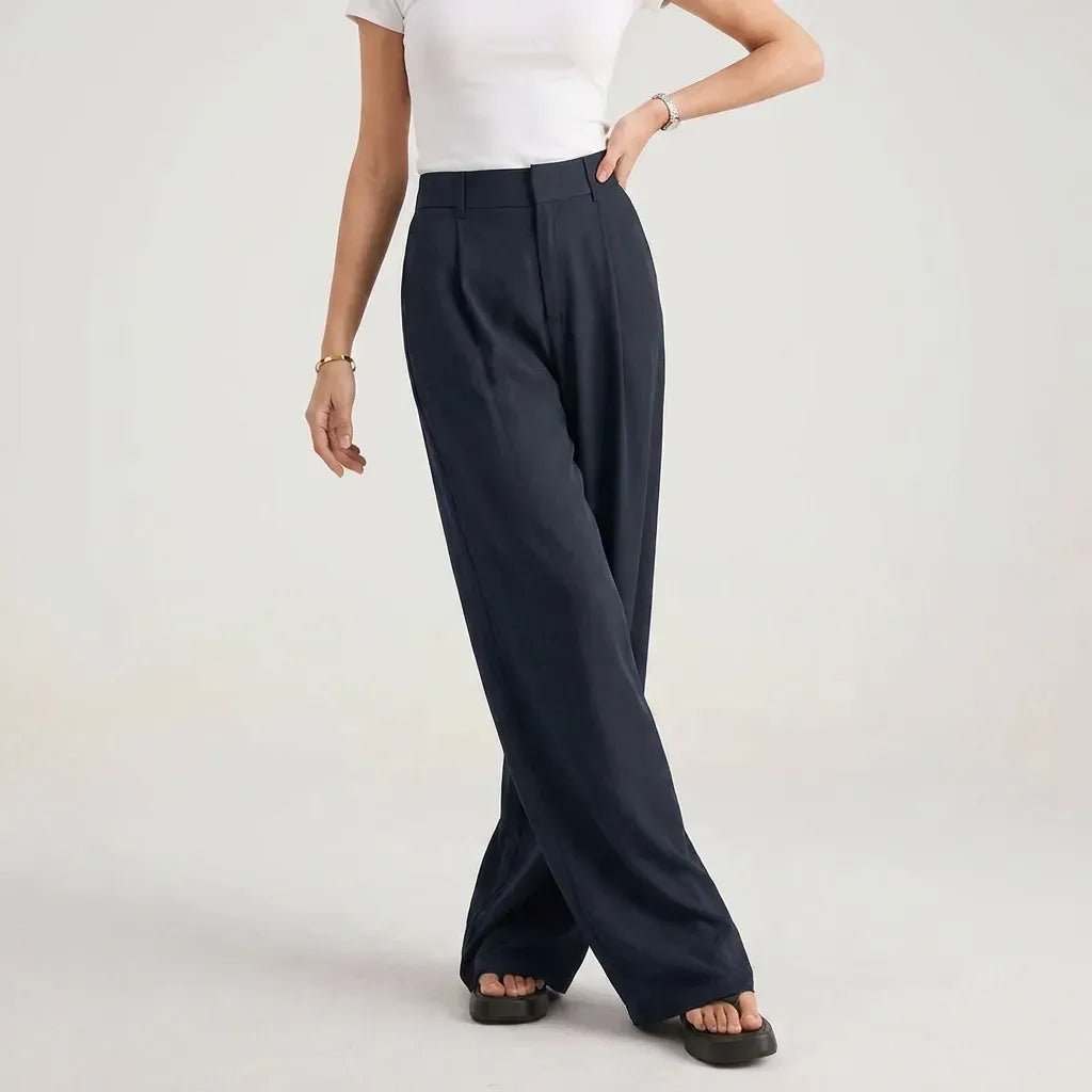 Pleated High-Waisted Wide-Leg Trousers with Pockets