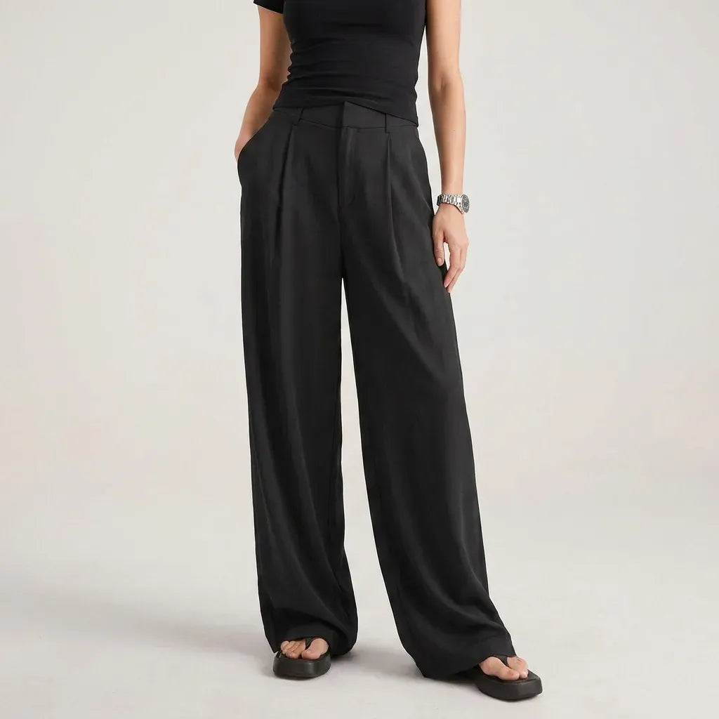 Pleated High-Waisted Wide-Leg Trousers with Pockets