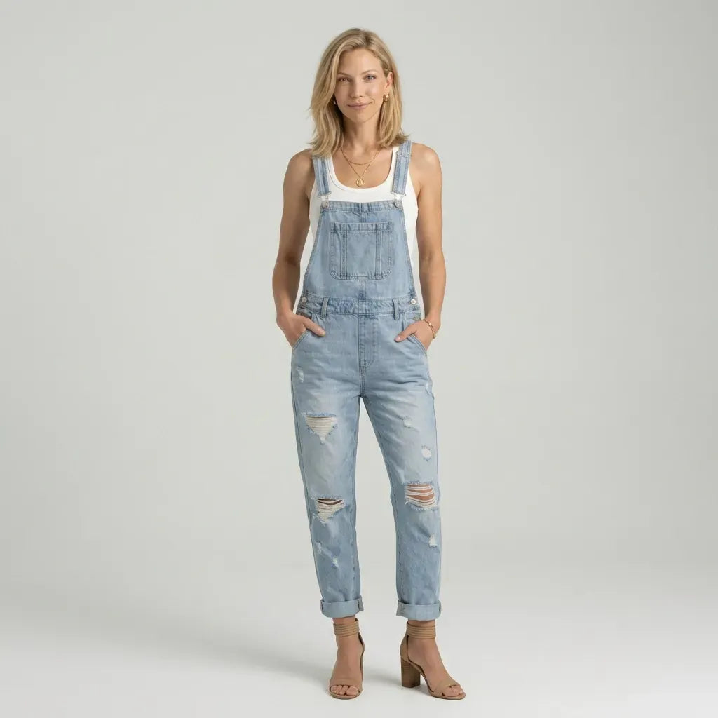 Relaxed Distressed Denim Jumpsuit with Pockets