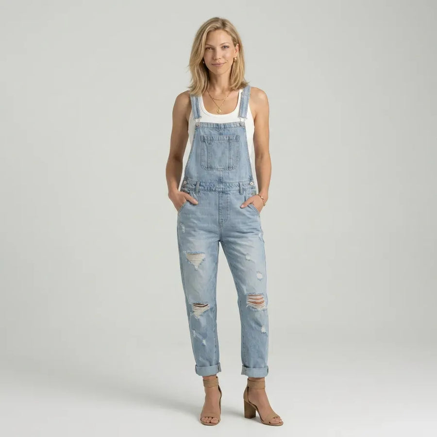 Relaxed Distressed Denim Jumpsuit with Pockets