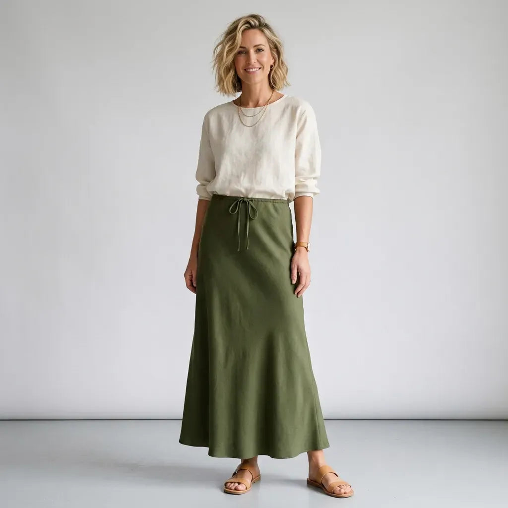 Drawstring Maxi Skirt with A-Line Silhouette