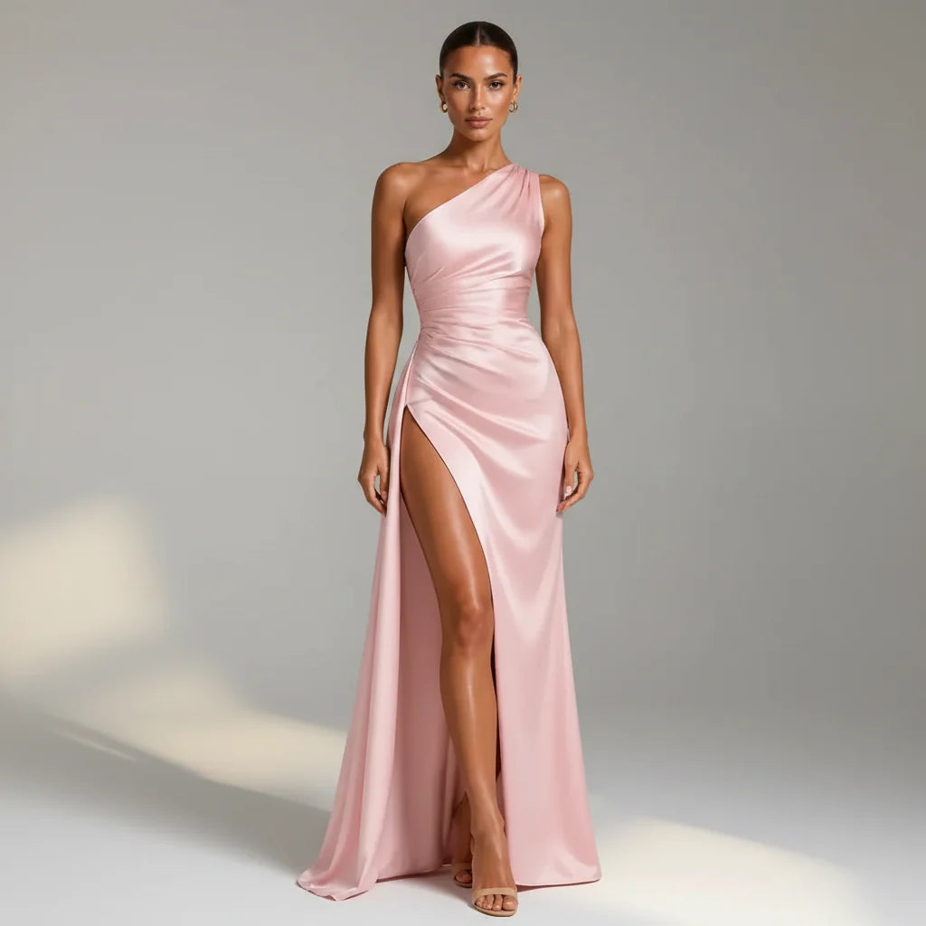 One Shoulder Wedding Guest Dress with Slit