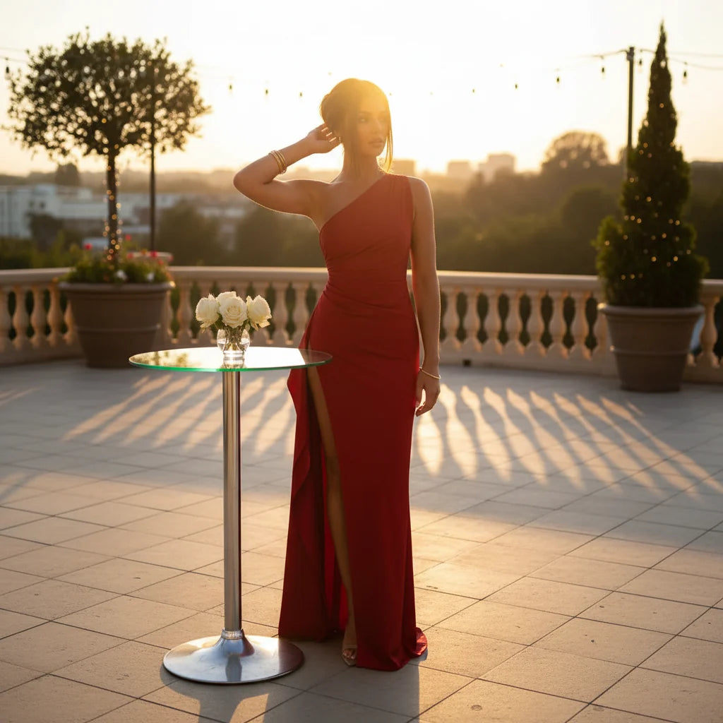 One Shoulder Wedding Guest Dress with Slit