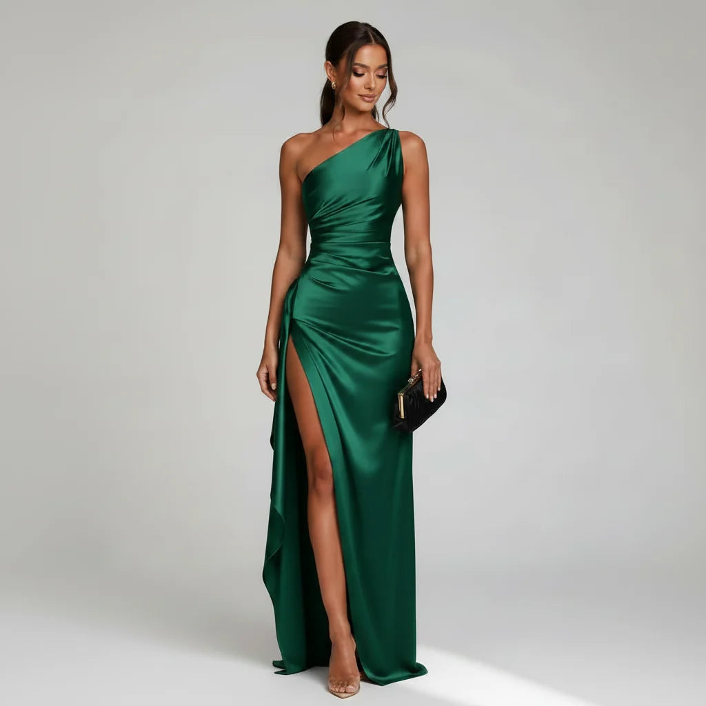 One Shoulder Wedding Guest Dress with Slit