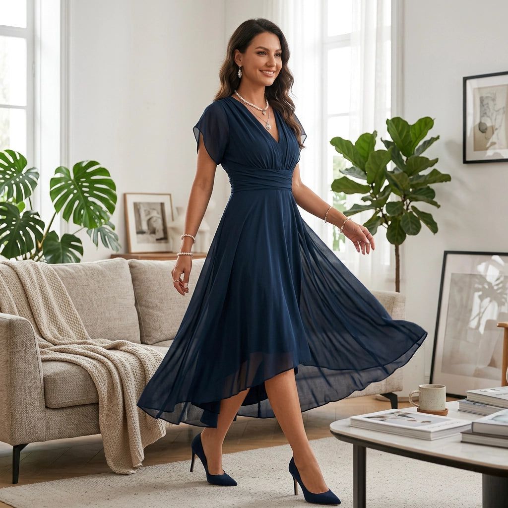 Fine Tulle A-Line Midi Dress with V-Neck