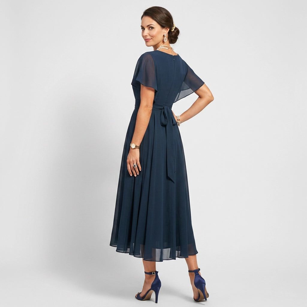 Fine Tulle A-Line Midi Dress with V-Neck