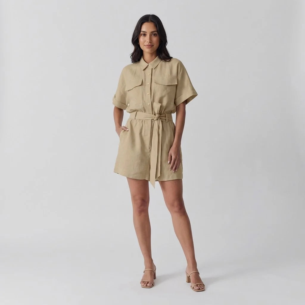 Women's Utility Shirt Playsuit with Tie Waist